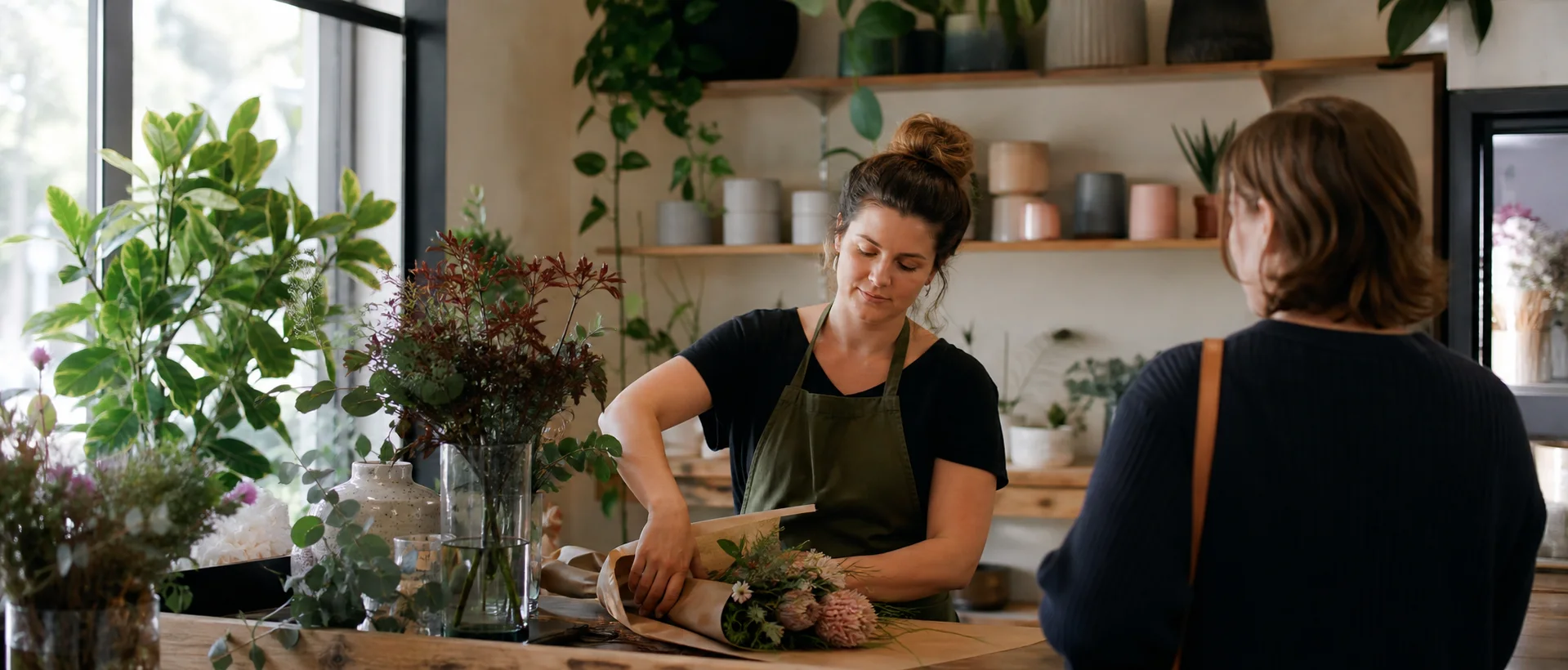 A local florist wrapping a bouquet for a customer inside her shop