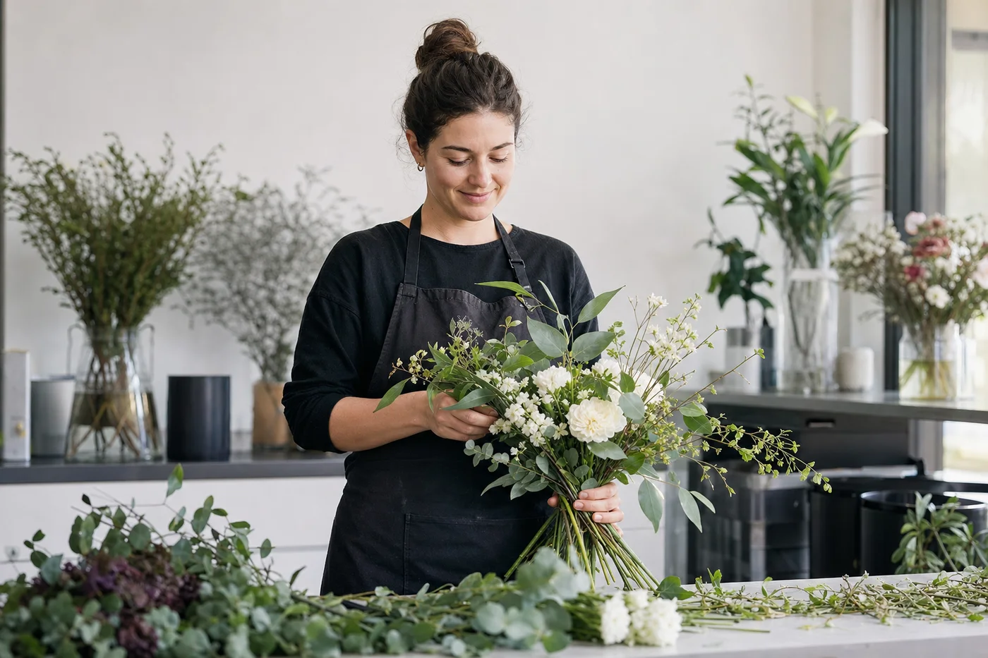 A local florist carefully preparing a bouquet at her workbench